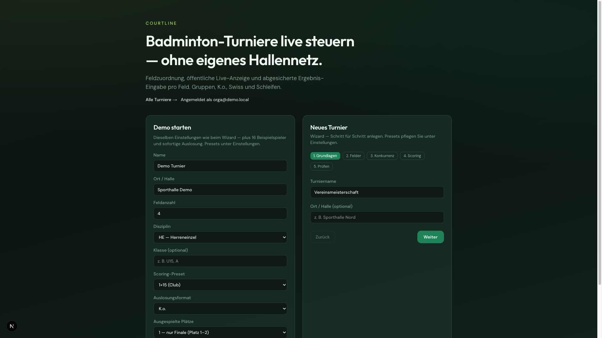 Startseite mit Demo starten und Turnier-Wizard